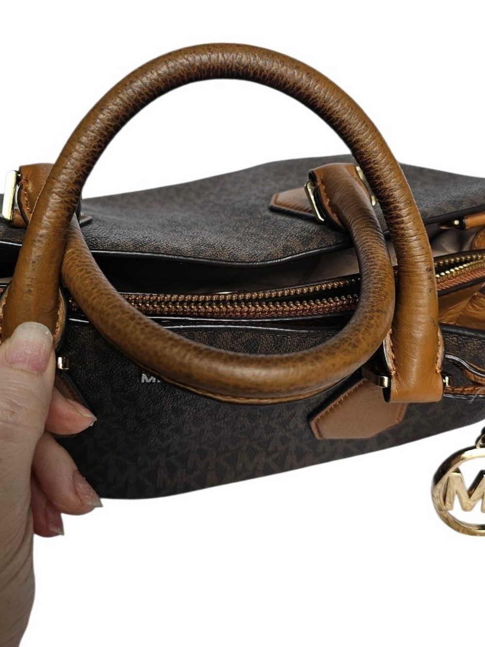 Michael Kors Brown Logo-Print Satchel with Tan Handles and Gold Hardware - Picture 7 of 8